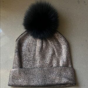 Jocelyn Metallic Knit Beanie with Black Pom Pom. OS